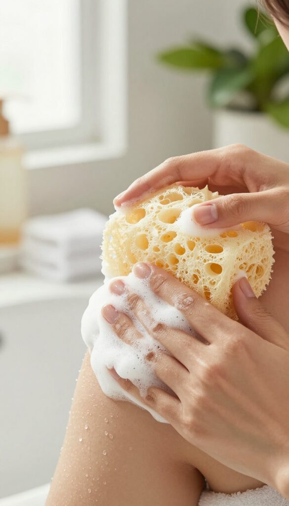 Person exfoliating shoulder with a foamy loofah in a bright spa-like bathroom
