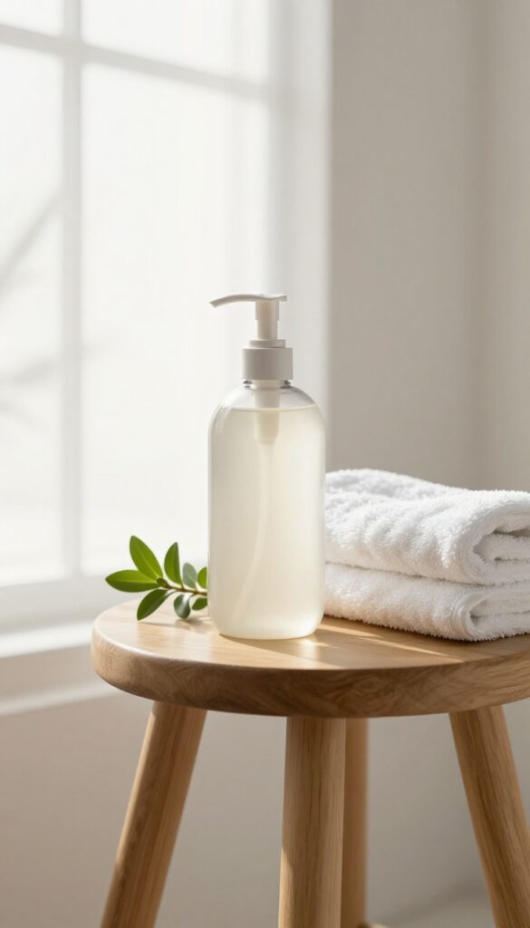 A clear glass bottle of body lotion on a wooden stool with a folded white towel and a small plant in a bright bathroom