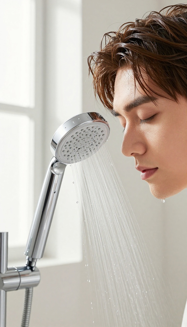 Person rinsing smooth hair under a shower filter in a bright bathroom