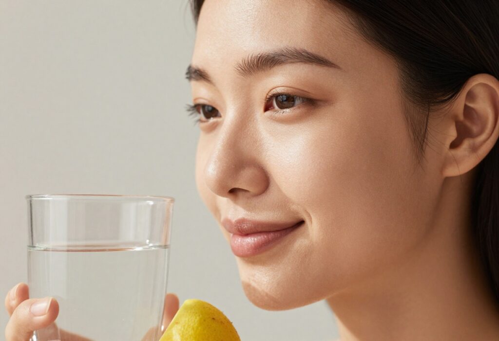 Woman with glowing skin surrounded by natural skincare elements