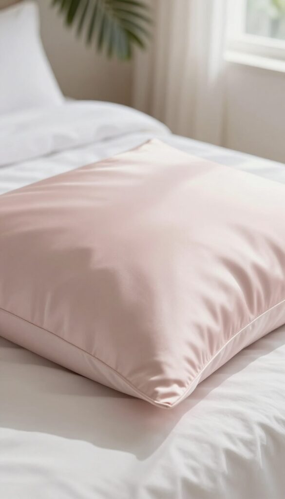 Luxurious silk pillowcase on a bed in soft morning light