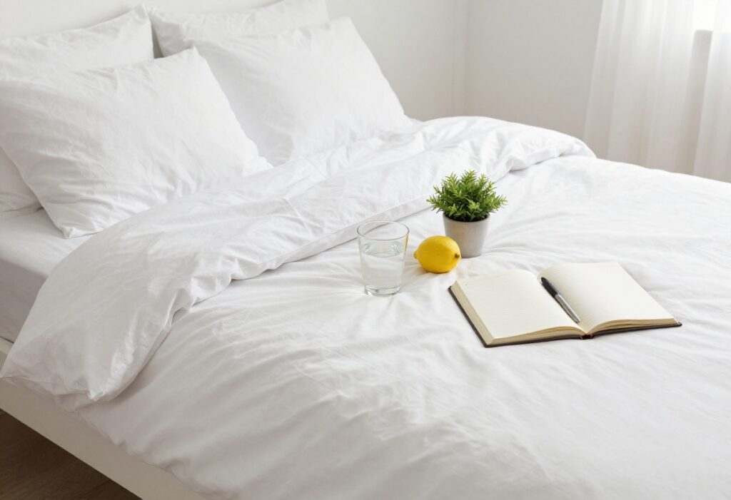 Morning reset flat lay with bed, water, plant, and journal