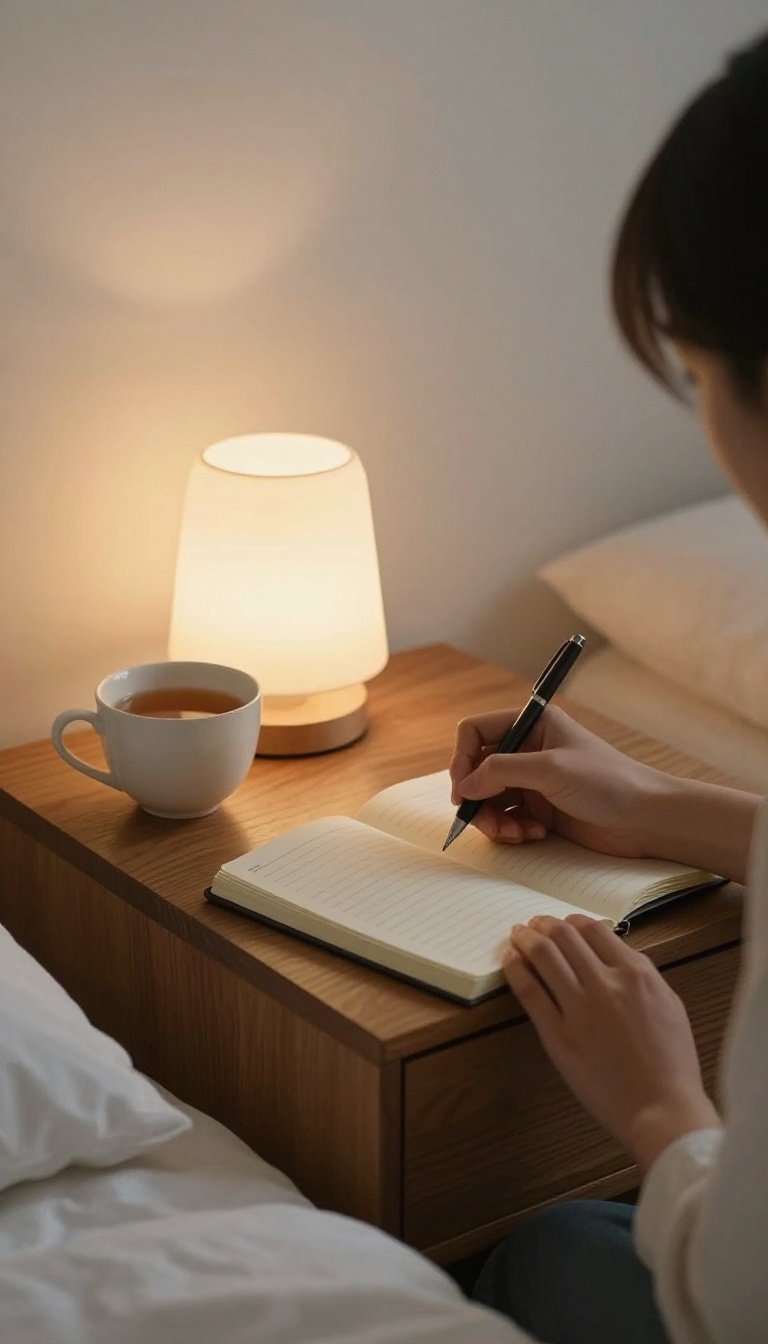 Person writing in a gratitude journal on a nightstand with a lamp and tea, cozy bedroom setting