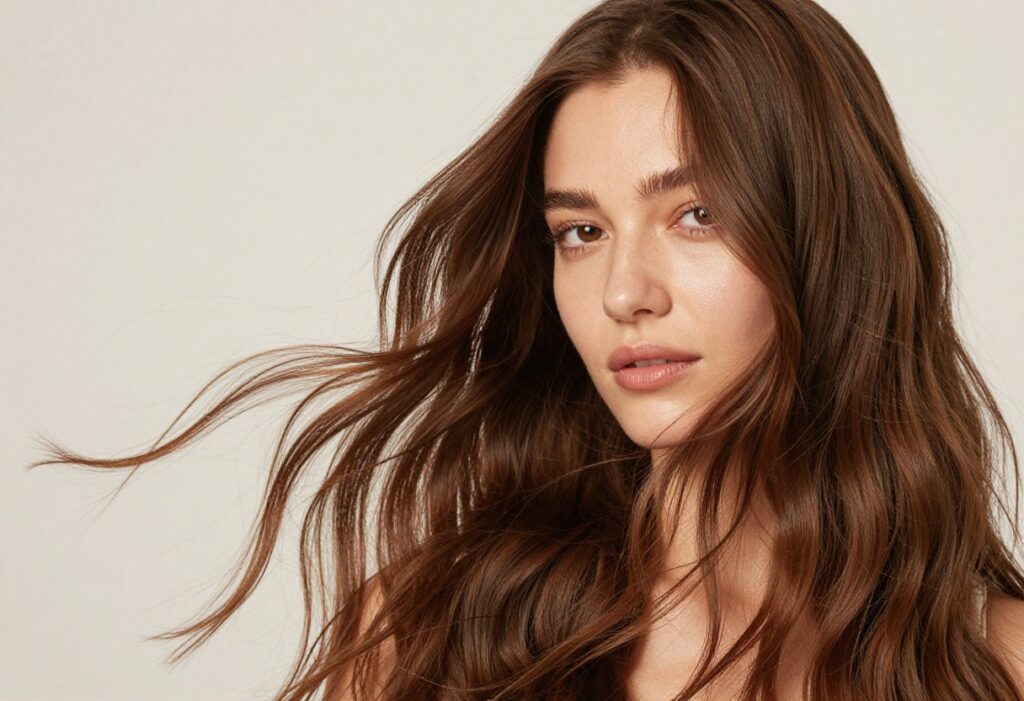 Woman with shiny, healthy hair glowing in natural light
