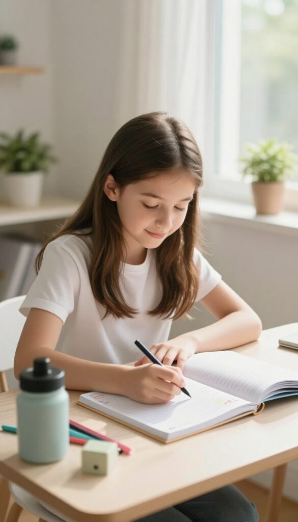Teenage girl visualizing her success at a bright desk with a vision board and planner
