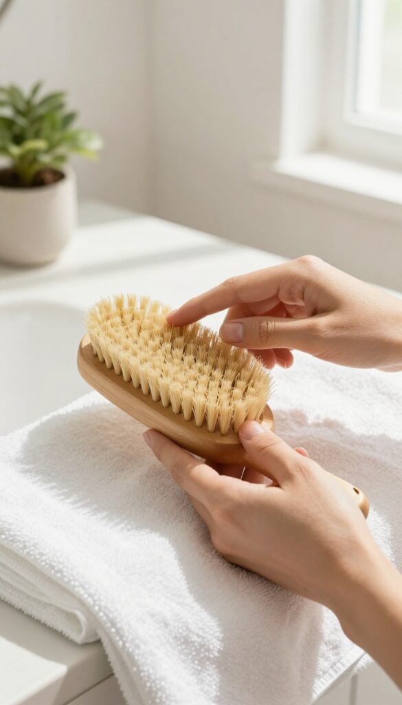 Woman dry brushing her arm with a natural-bristle brush in a bright bathroom