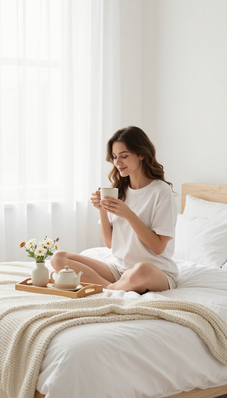 Woman enjoying a peaceful morning coffee ritual in a bright, cozy bedroom