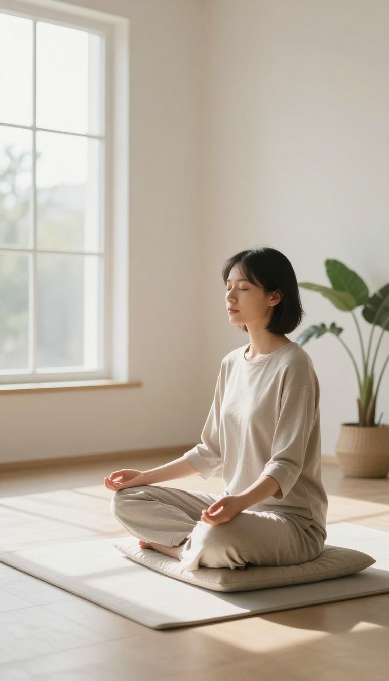 Person meditating in a bright, peaceful room