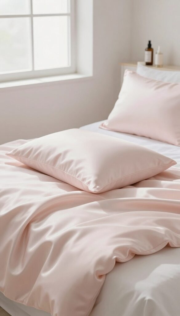 A silk pillowcase on a bed in a bright, serene bedroom, with soft natural light and a few skincare products nearby.