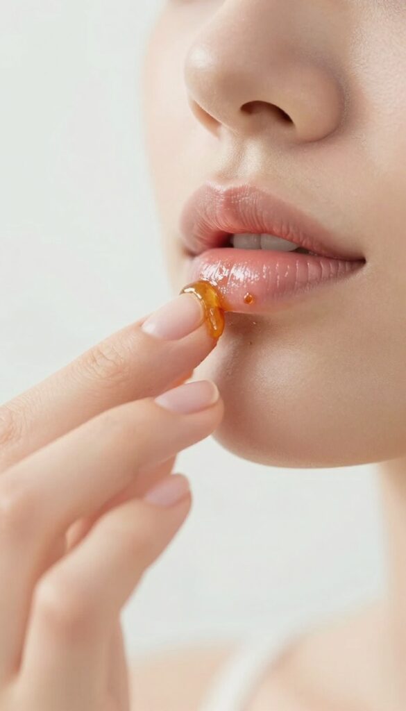 Woman exfoliating her lips with a homemade brown sugar and honey scrub
