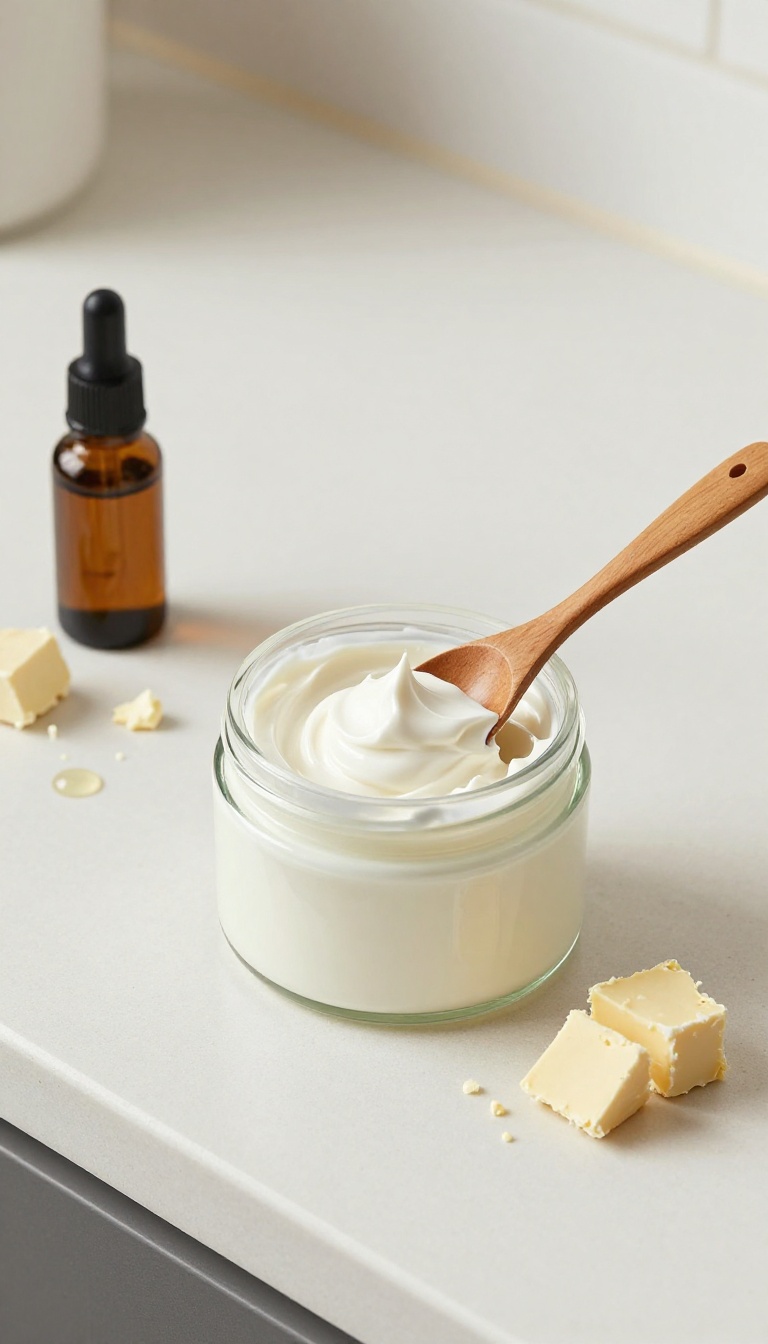 Whipped shea butter body cream in a glass jar with ingredients on a bright kitchen counter
