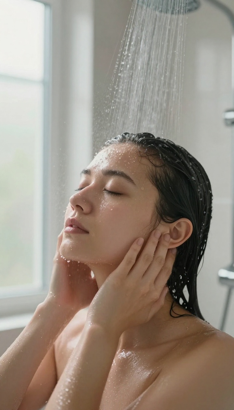 Person enjoying a scalp massage while shampooing in a bright shower, with eyes closed and hands in hair, conveying relaxation and self-care.