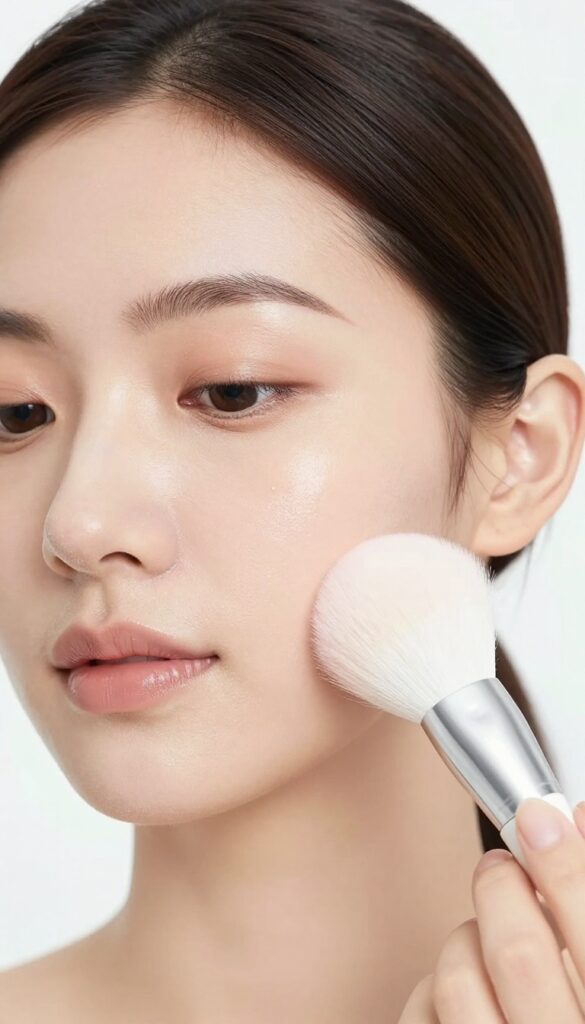 Woman applying translucent powder to her T-zone with a fluffy brush in bright natural light, showcasing a soft, dewy makeup finish.