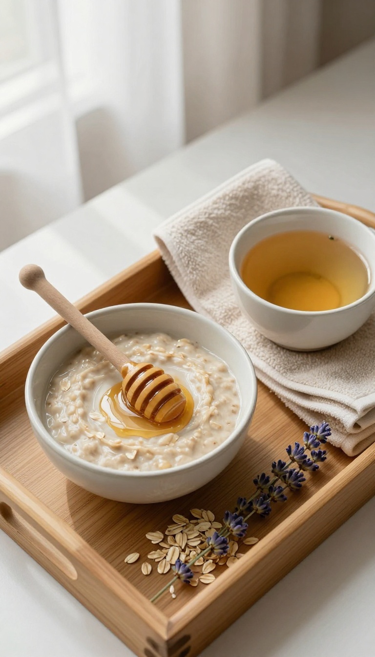 Spa-like DIY face mask ingredients on a wooden tray with tea and towel in soft natural light