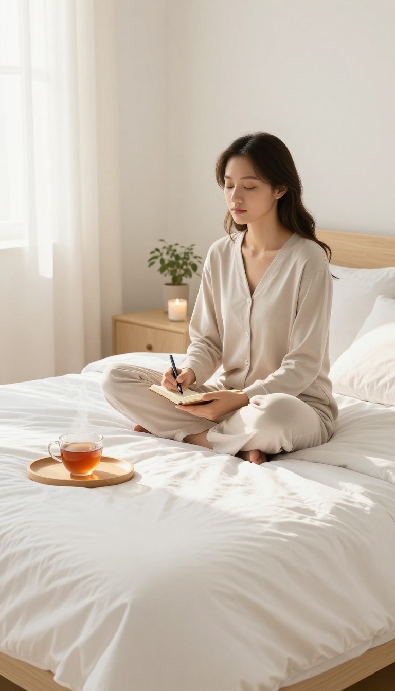 Woman journaling in bed during a peaceful morning self-care ritual