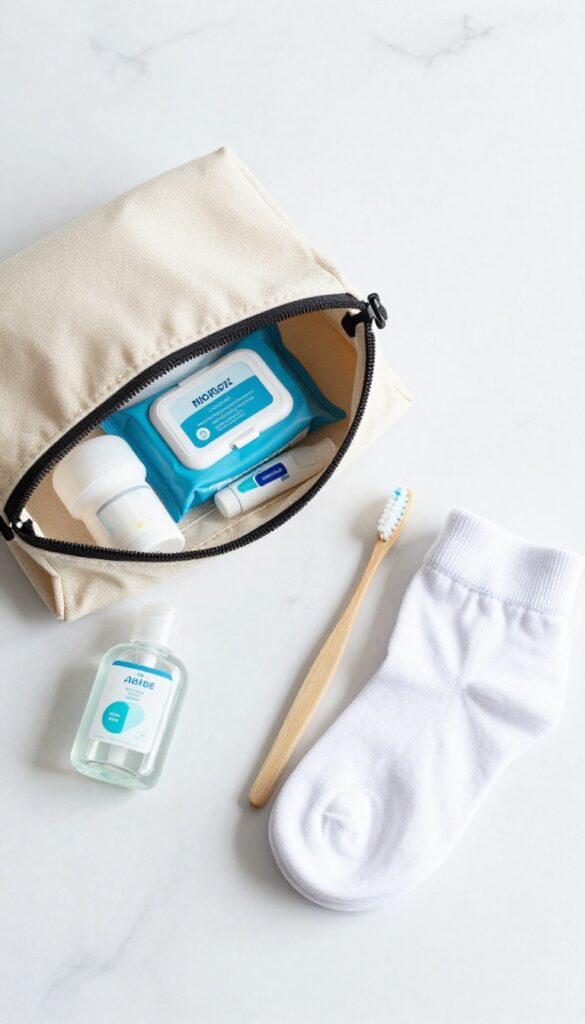 Travel hygiene kit with mini deodorant, wet wipes, hand sanitizer, toothbrush, and socks in a canvas pouch on a marble surface.
