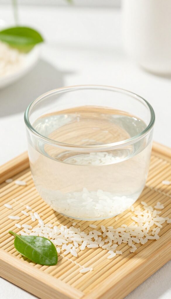 A bowl of rice water for a DIY brightening body rinse, set in a bright bathroom with natural light.