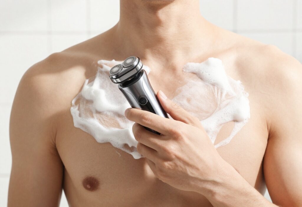 Man applying shaving cream on his chest with a razor, preparing for a body shave