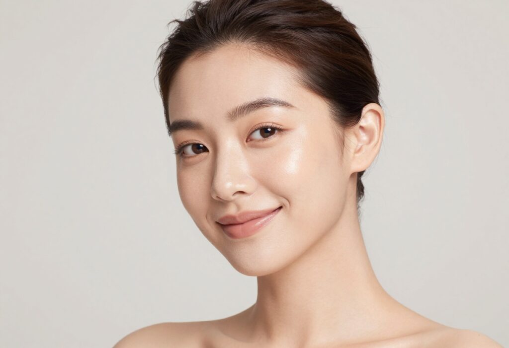 Woman with a soft, radiant glow makeup look, showcasing dewy skin and subtle highlighter