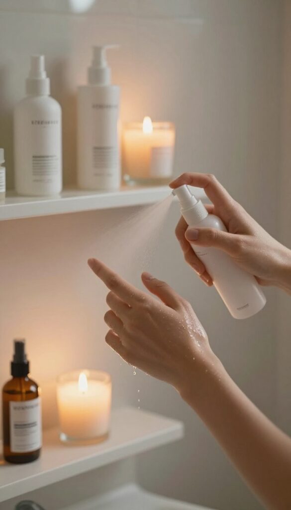 Person misting their arm with a hydrating body mist in a calm, spa-like bathroom at night