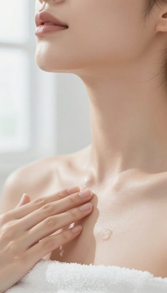 Woman applying moisturizer to her neck and chest with upward strokes in a bright bathroom, emphasizing skincare for delicate areas.