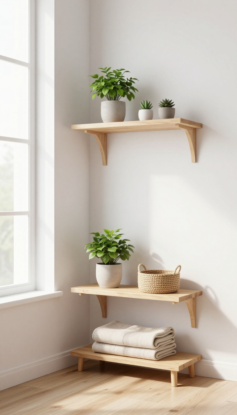 A tidy, sunlit shelf with a plant and basket, symbolizing daily decluttering for a calmer space.