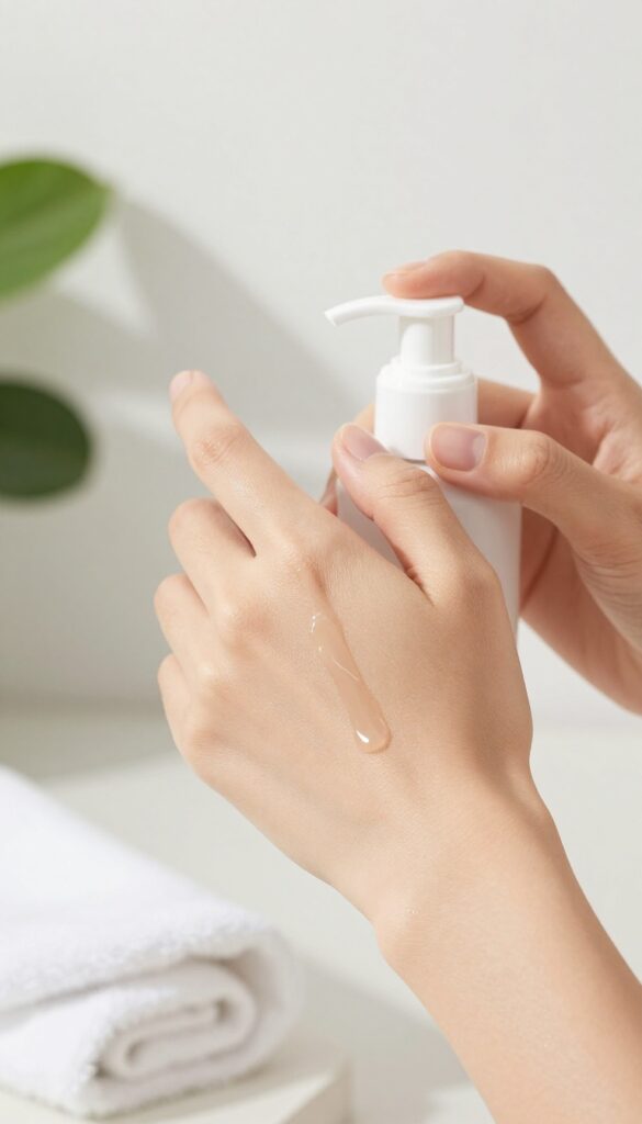 Woman applying hyaluronic acid body lotion to her arm in a bright bathroom, showing hydrated, glowing skin