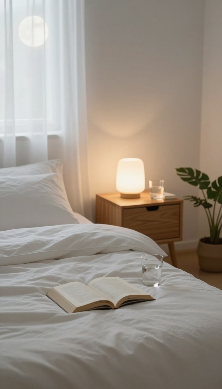 Cozy bedroom with soft moonlight and a book on the nightstand, symbolizing a good night's sleep