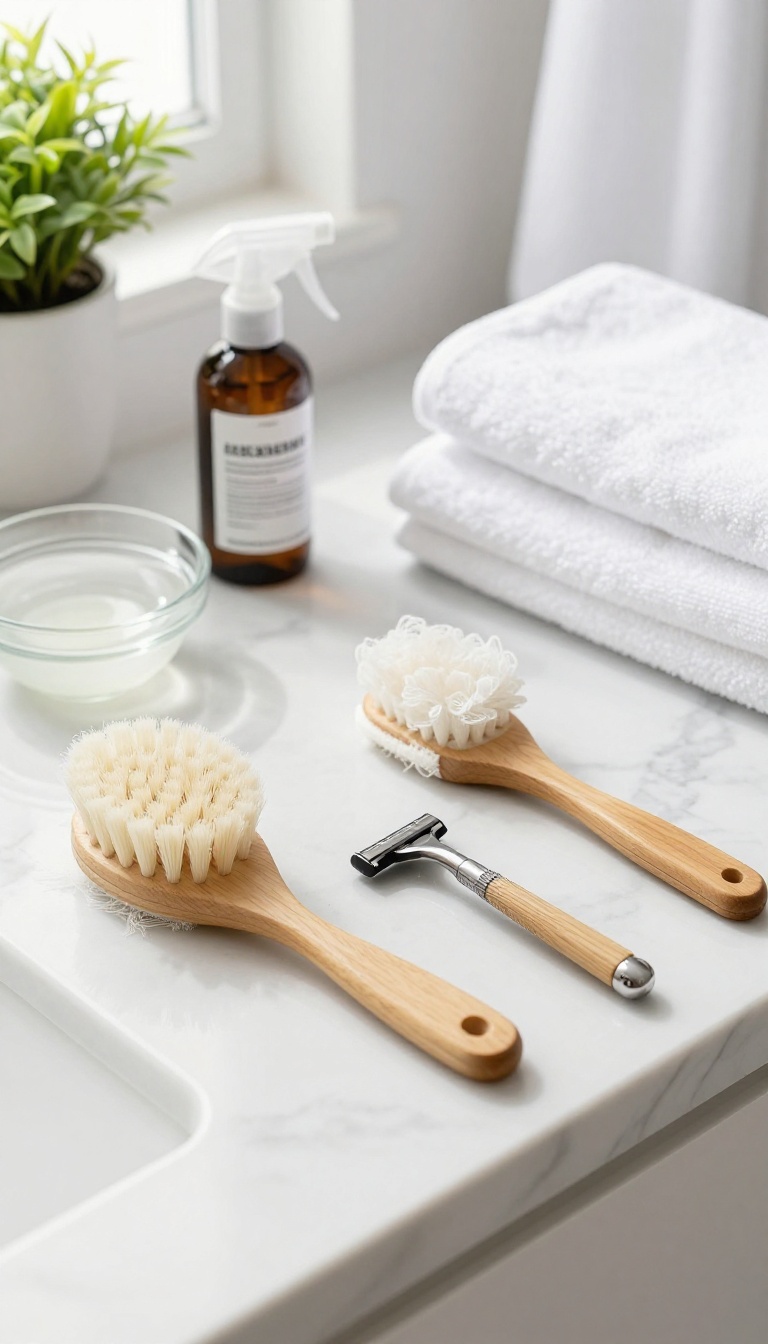 Clean shower tools arranged on a bright bathroom counter with vinegar and rubbing alcohol for disinfection.