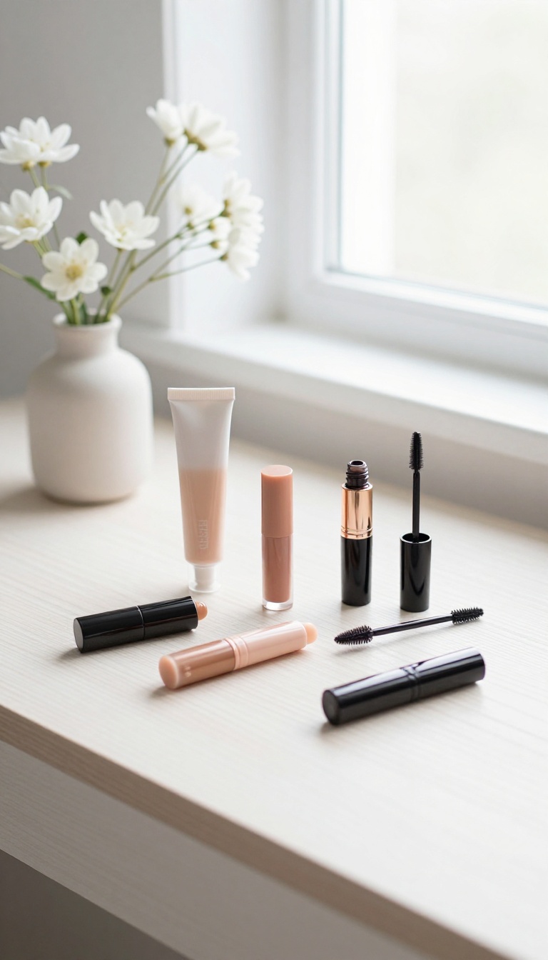 Minimalist makeup flat lay with natural light