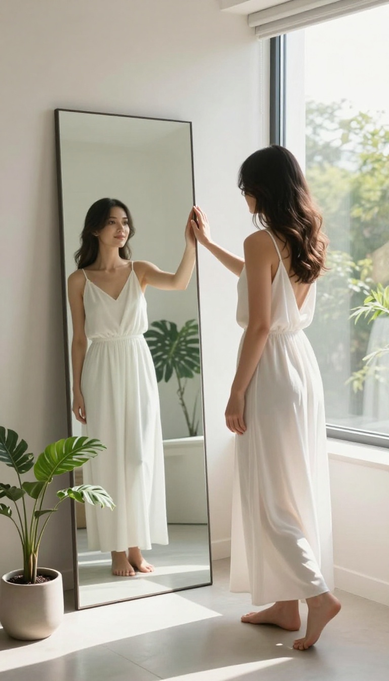 Woman practicing positive self-talk in front of a mirror in a bright bathroom