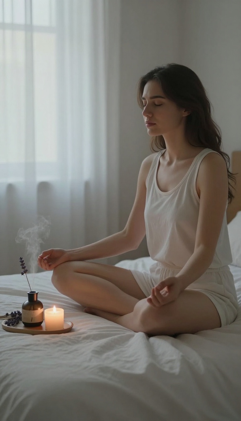 Woman meditating on a bed in soft evening light, with lavender and candle nearby