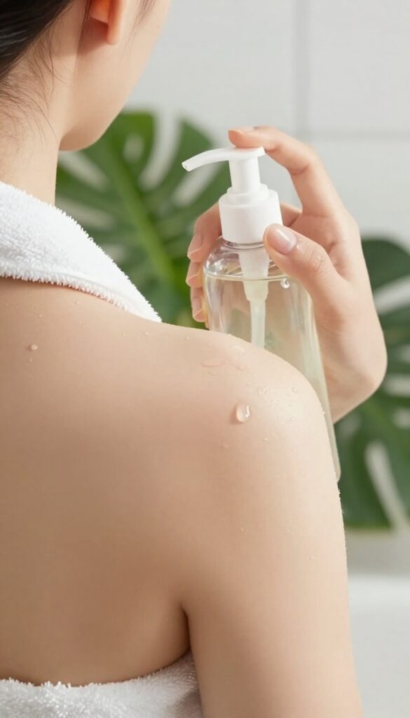 Person with clear skin on their back, holding a clarifying body wash bottle in a bright bathroom