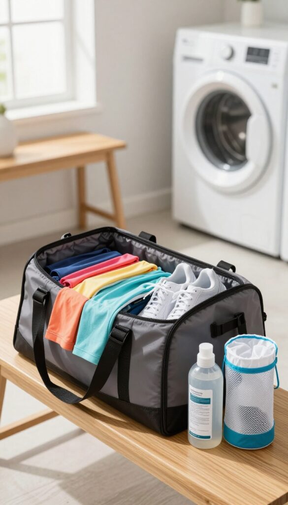 Neatly organized gym bag with clean workout clothes and sports detergent in a bright laundry room