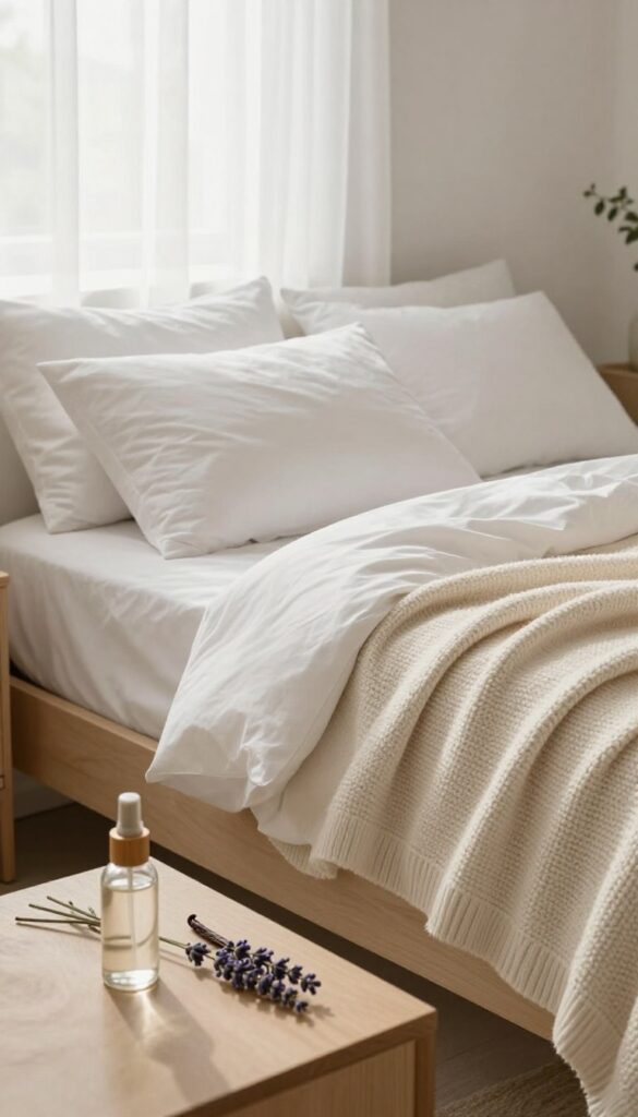 Vanilla and lavender pillow mist on a bedside table in a cozy bedroom