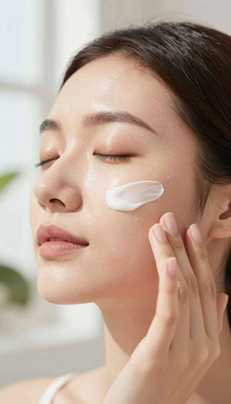 Woman with glowing skin applying moisturizer in soft morning light, representing a gentle skin reset routine.