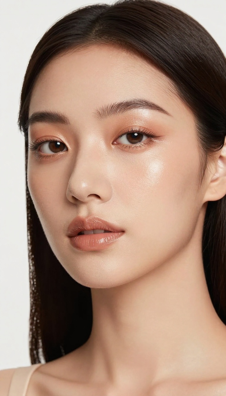 Woman with champagne shimmer glow makeup look, radiant skin, soft luminous highlight, and champagne eyeshadow.