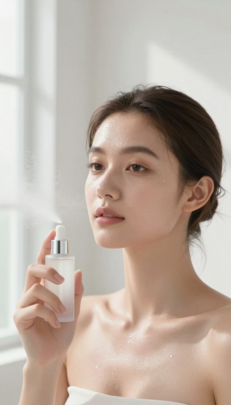 Woman using dewy setting spray for a soft glow makeup look