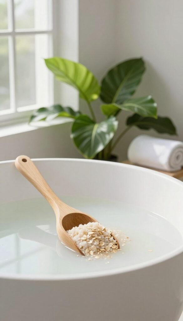 A calm bathroom with a milky bath and colloidal oatmeal, representing a short, skin-friendly soak.