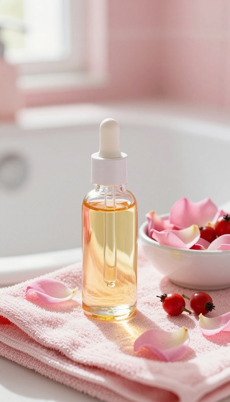 Rosehip oil bottle with rose petals on a pink towel in bright natural light