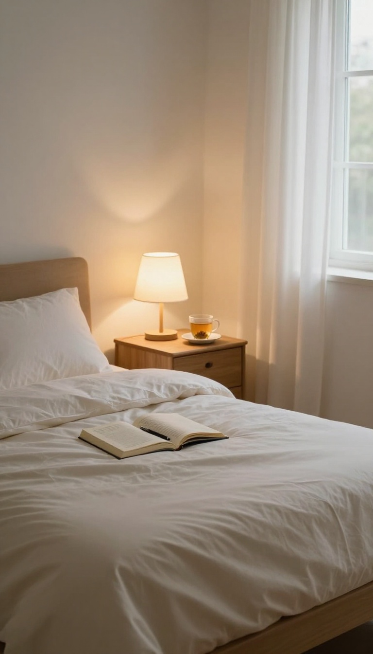 A peaceful evening scene with an open journal and pen on a nightstand beside a bed, evoking a nightly reflection ritual.