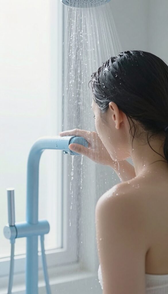 A person enjoying a cold rinse in a bright, modern shower, with water droplets on their skin and the shower dial set to cold.