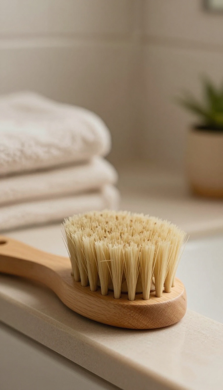Natural bristle dry brush on a wooden tray on a bathroom shelf