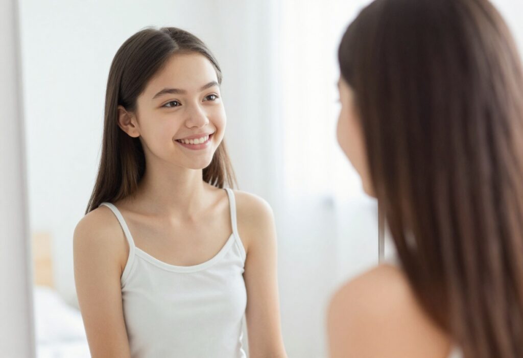 Teen girl smiling at her reflection in a mirror, representing a simple self-care glow up
