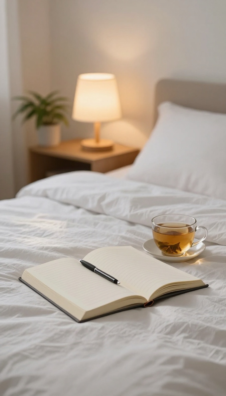 Open journal with pen on a bed in a cozy bedroom, with tea and a plant nearby, evoking a peaceful evening journaling routine.