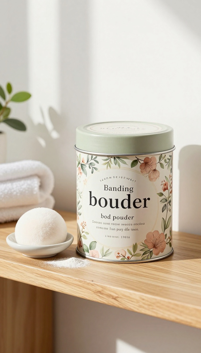Vintage tin of body powder on a bathroom shelf with a powder puff and spa items.