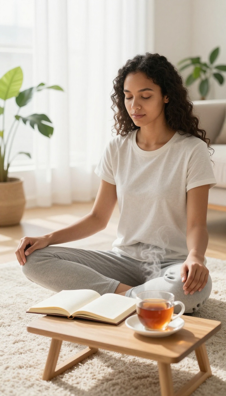 Woman meditating in a bright living room with journal and tea nearby