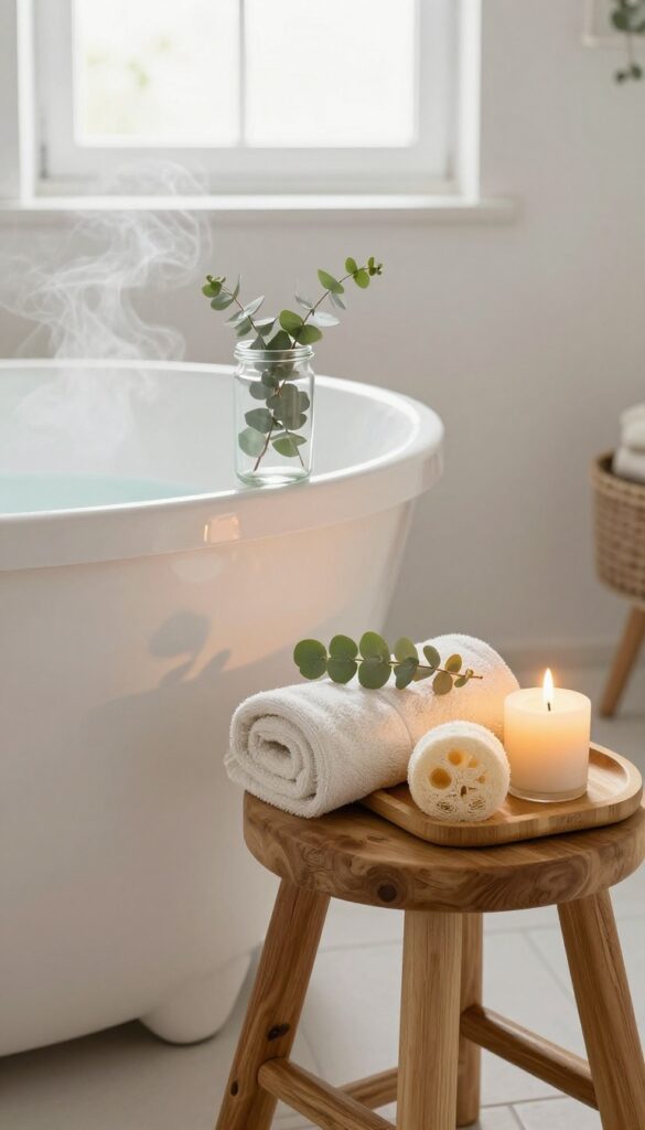 A spa-like bathroom with candles, eucalyptus, and a bathtub, creating a calming ritual atmosphere