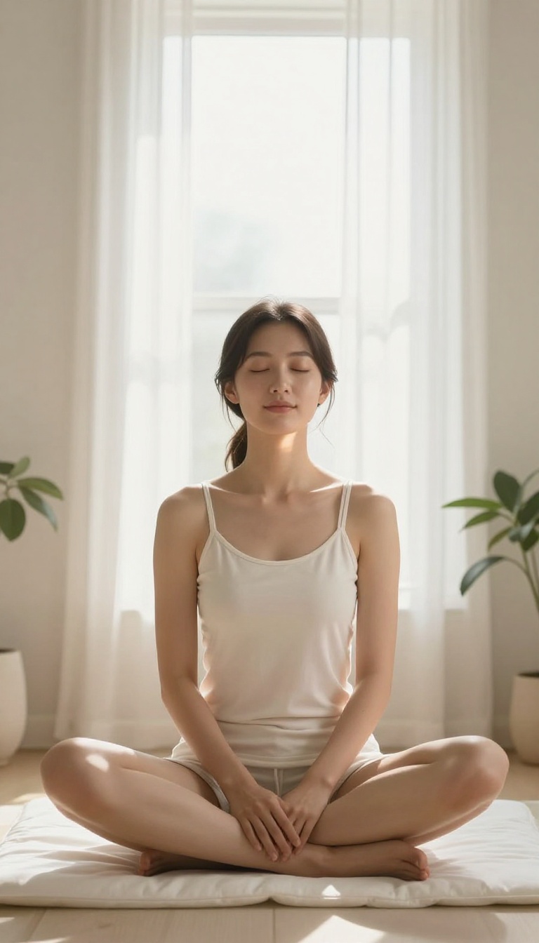 Woman practicing deep breathing in a bright, serene room, with glowing skin and a calm expression.