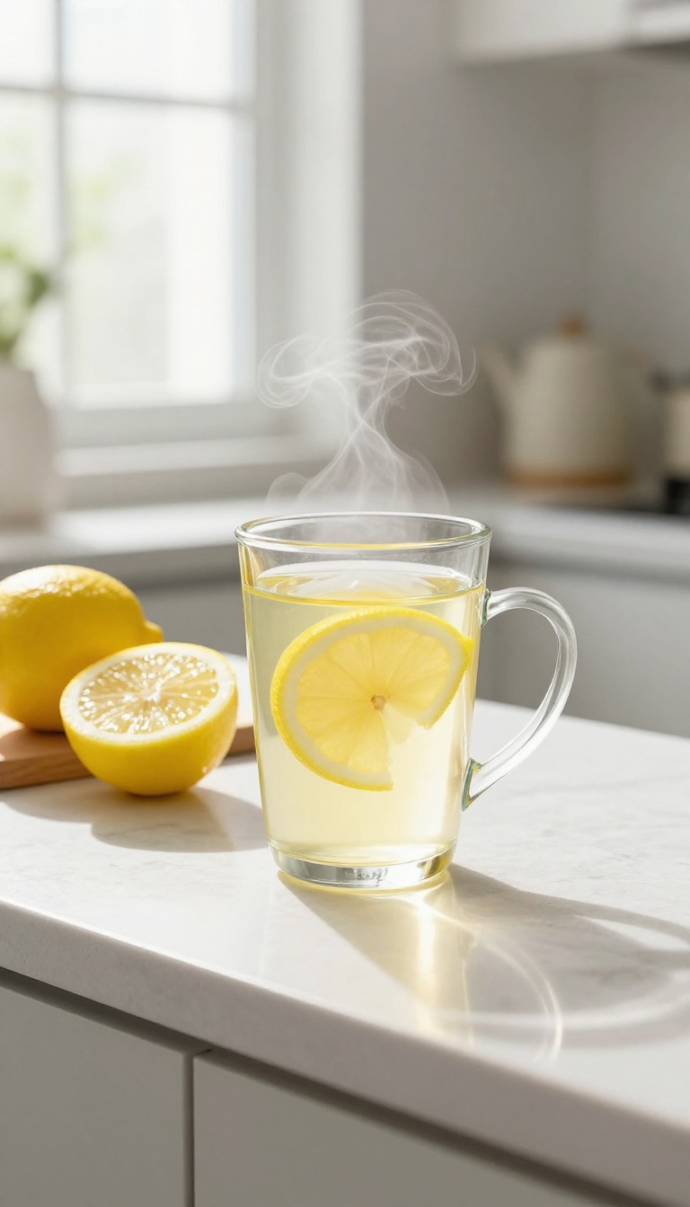 A glass of warm lemon water on a bright kitchen counter with fresh lemons in soft morning light